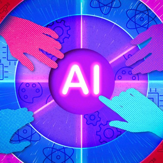 Colorful hands reach across concentric circles towards the center, which has text saying, “AI.” Icons of computer chips, microscopes, code, and gears are in the background.