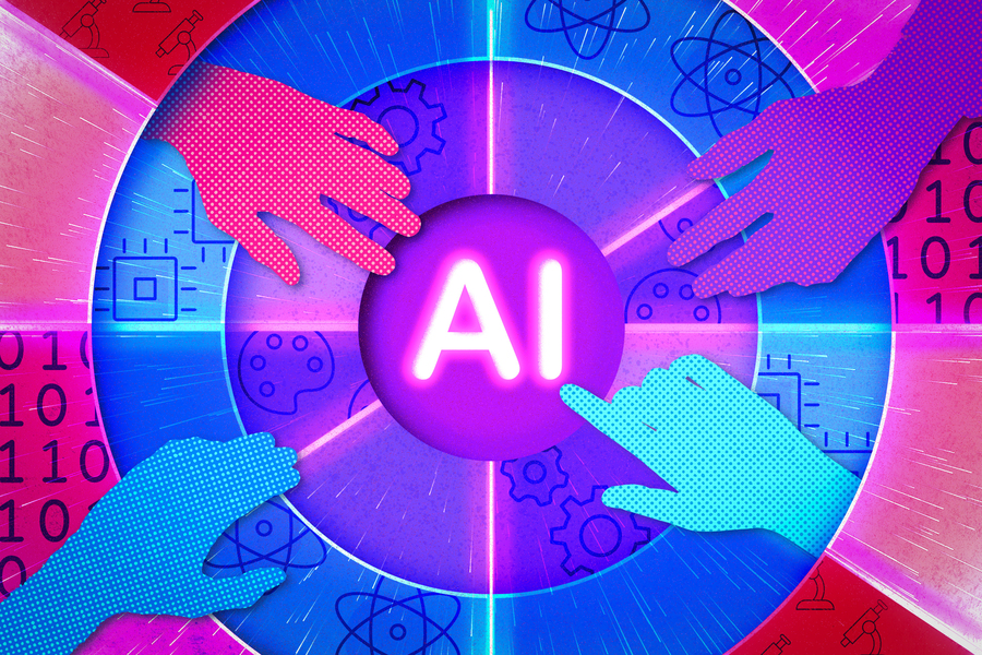 Colorful hands reach across concentric circles towards the center, which has text saying, “AI.” Icons of computer chips, microscopes, code, and gears are in the background.