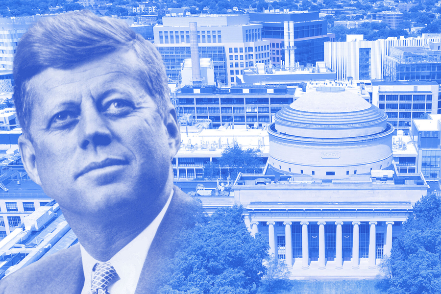 Stylized collage featuring a portrait photo of John F. Kennedy superimposed on an aerial photo of the MIT campus. The whole scene is shown in a blue hue.