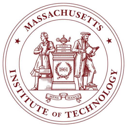 The MIT Seal is circular with 2 people, a metalsmith with an anvil, and a scholar reading a book. They stand next to a podium with a lamp, books saying “Science and Arts,” and a wreath with “1861” inside. A banner says “Mens et Manus.” Around the edge, it says Massachusetts Institute of Technology.