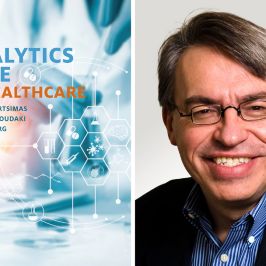 At left: The Analytics Edge in Healthcare book cover. At right: Dimitris Bertsimas’ headshot