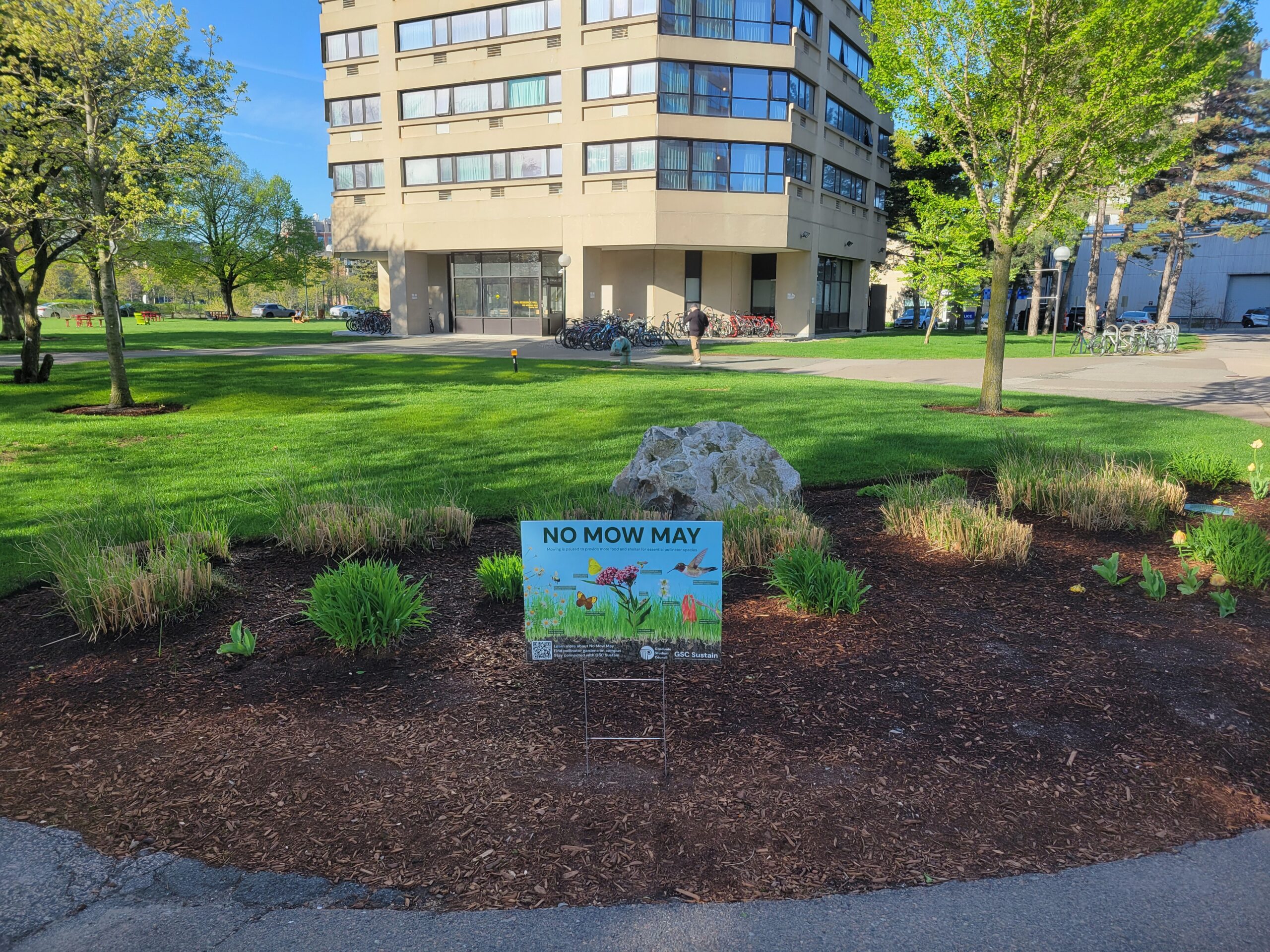 a grassy lawn with a no mow may sign