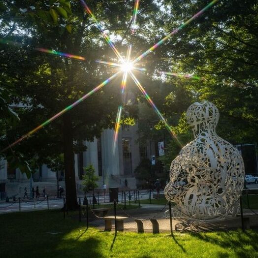 Image of The Alchemist sculpture on MIT campus with trees and sun shining through.