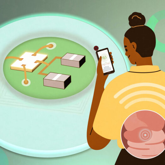 A figure looks at her phone which has sensor data. A tiny sensor is in her intestine. In background is a large illustration of the blueberry-shaped sensor with chips and circuits.