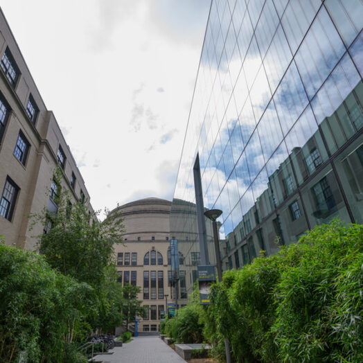 Walkway with a brick building at left and a glass-walled building at right, with the MIT Dome between and beyond them